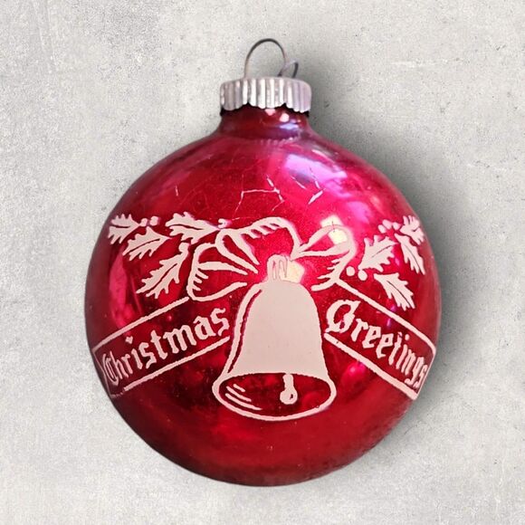 Vintage Shiny Brite Red Glass Christmas Ornament Stenciled “Christmas Greetings” - Picture 2 of 4